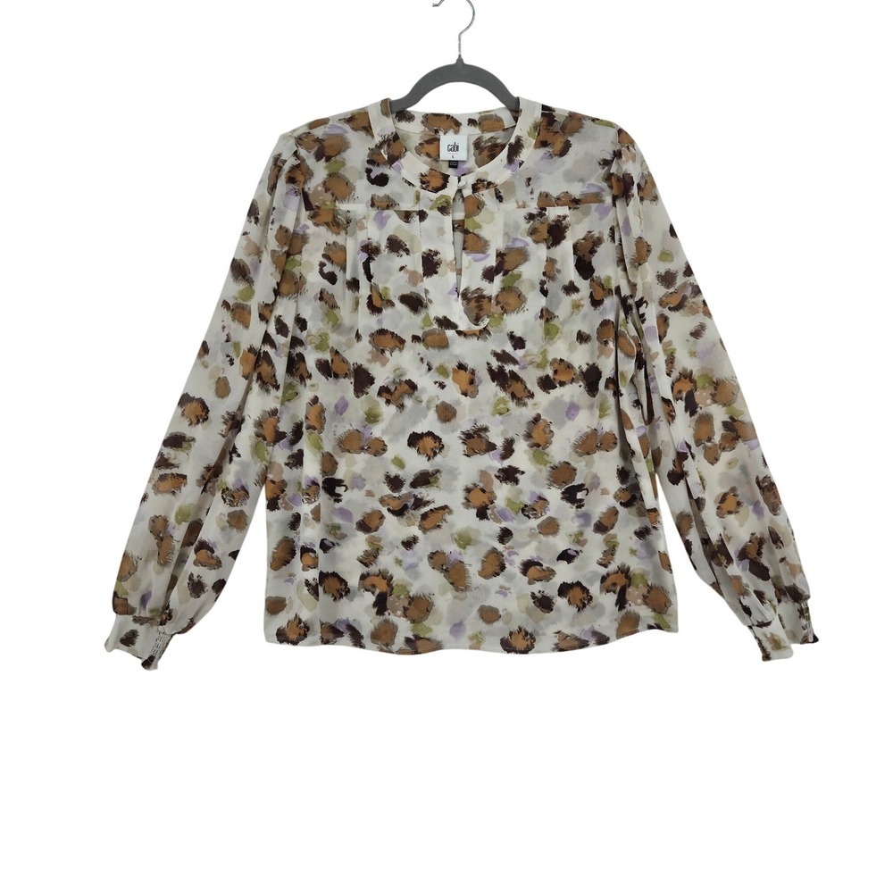 Cabi Abstract Semi Sheer Blouse Womens Large Smocked Cuff Split Neck Top